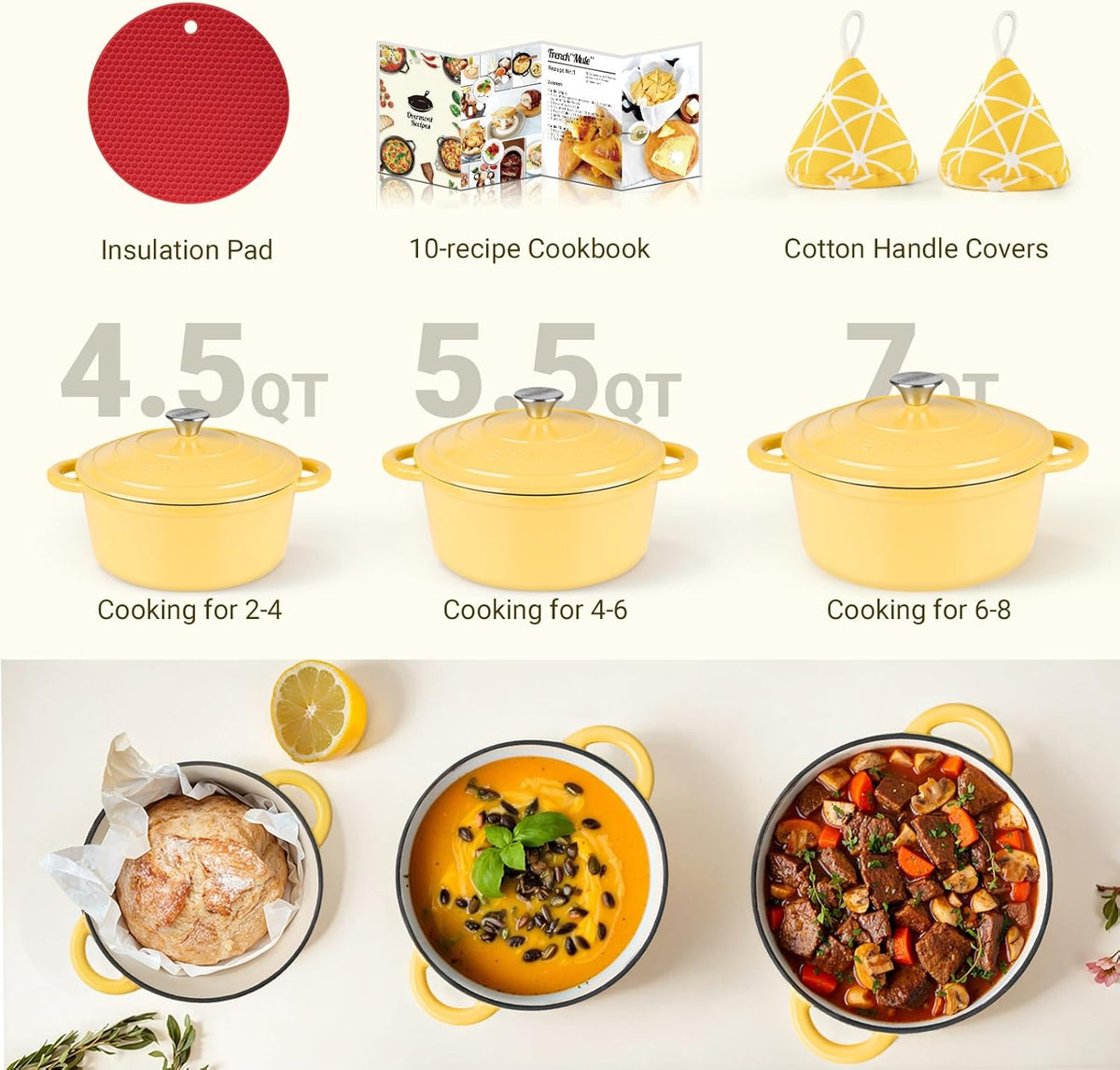Overmont Enameled Cast Iron Dutch Oven - 7QT Pot with Lid Cookbook & Cotton Potholders - Heavy-Duty Cookware for Braising, Stews, Roasting, Bread Baking GooseYellow