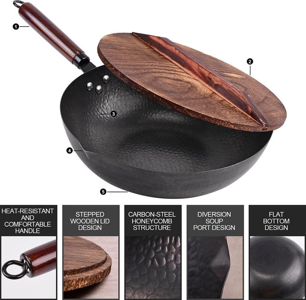 Leidawn 12.8" Carbon Steel Wok,11 Pcs Woks & Stir Fry Pans Wok Pan with Lid
