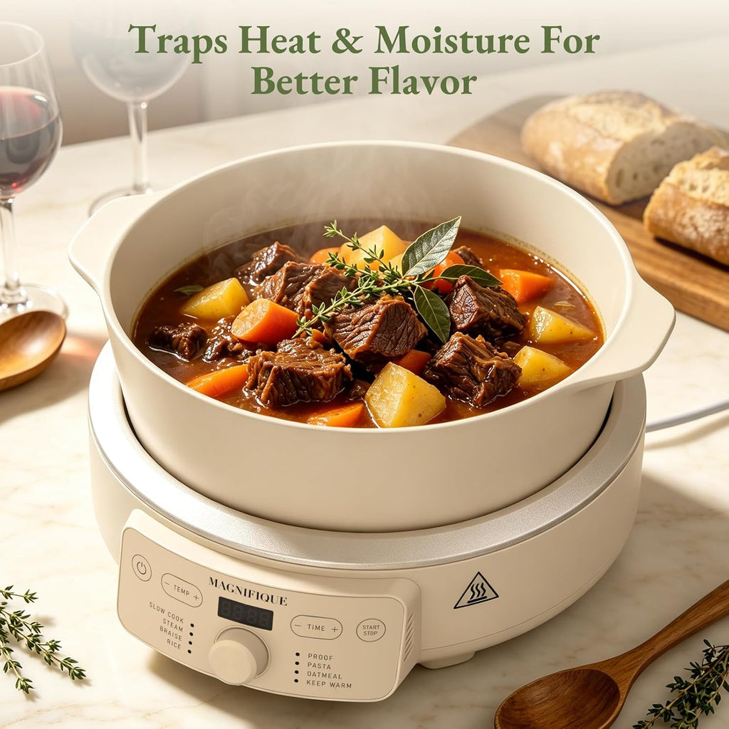 MAGNIFIQUE Slow Cooker, 4.5 Quart 8-in-1 Clay Pot Multi-Cooker, Non-Toxic Slow Cooker for Rice, Pasta, Steam & Proof, Nonstick, Oven Safe Pot to 500°F, Oatmeal