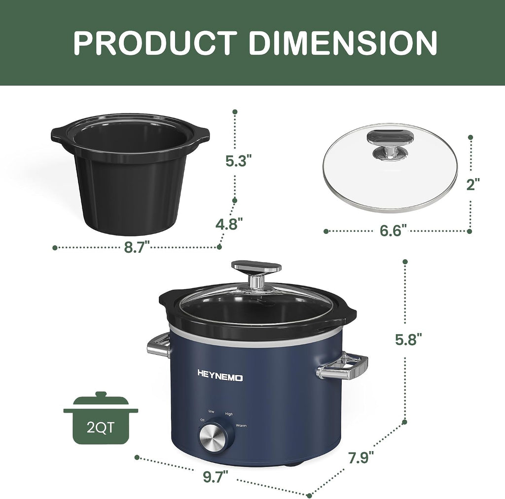 2 QT Small Slow Cooker, 3 Adjustable Temp, Upgraded Ceramic Pot, Easy Clean-up, Nutrient Loss Reduction, Sauces, Stews & Dips, Stainless Steel, Blue