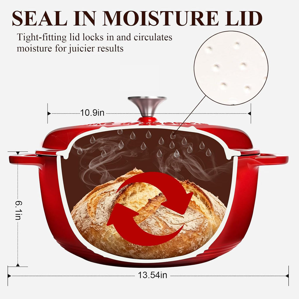 Enameled Cast Iron Dutch Oven - Wildone 6QT Pot with Lid & Cotton Potholders - Oven Safe Enamel Cookware for Bread Baking, Braising, Stews, Roasting, Red