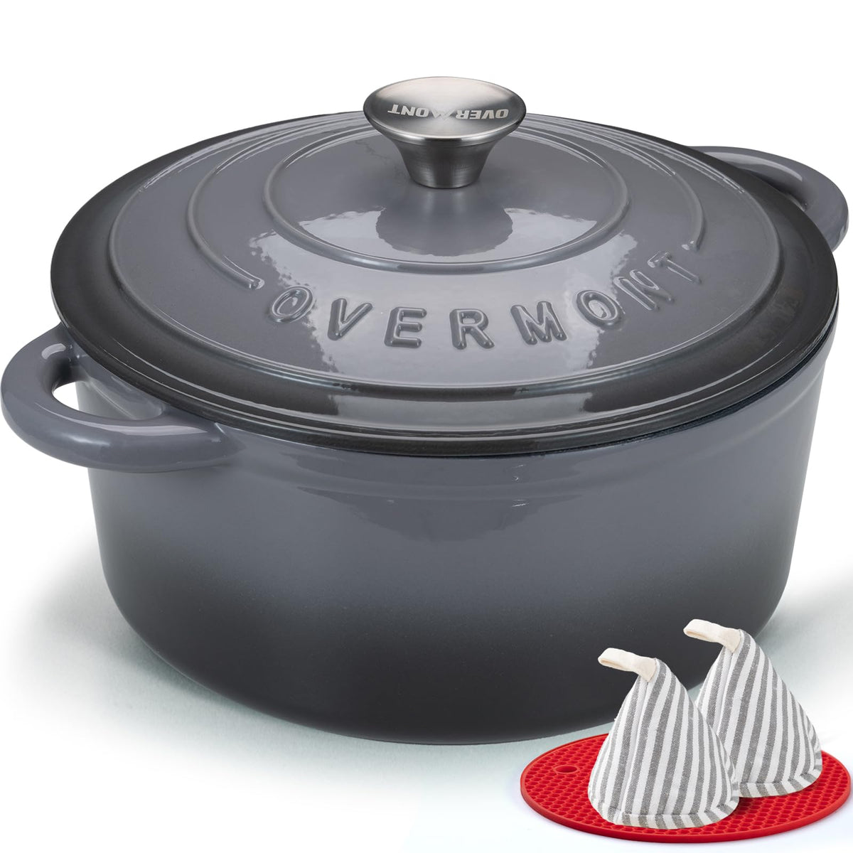 Overmont Enameled Cast Iron Dutch Oven - 5.5QT Pot with Lid Cookbook & Cotton Potholders - Heavy-Duty Cookware for Braising, Stews, Roasting, Sourdough Baking White