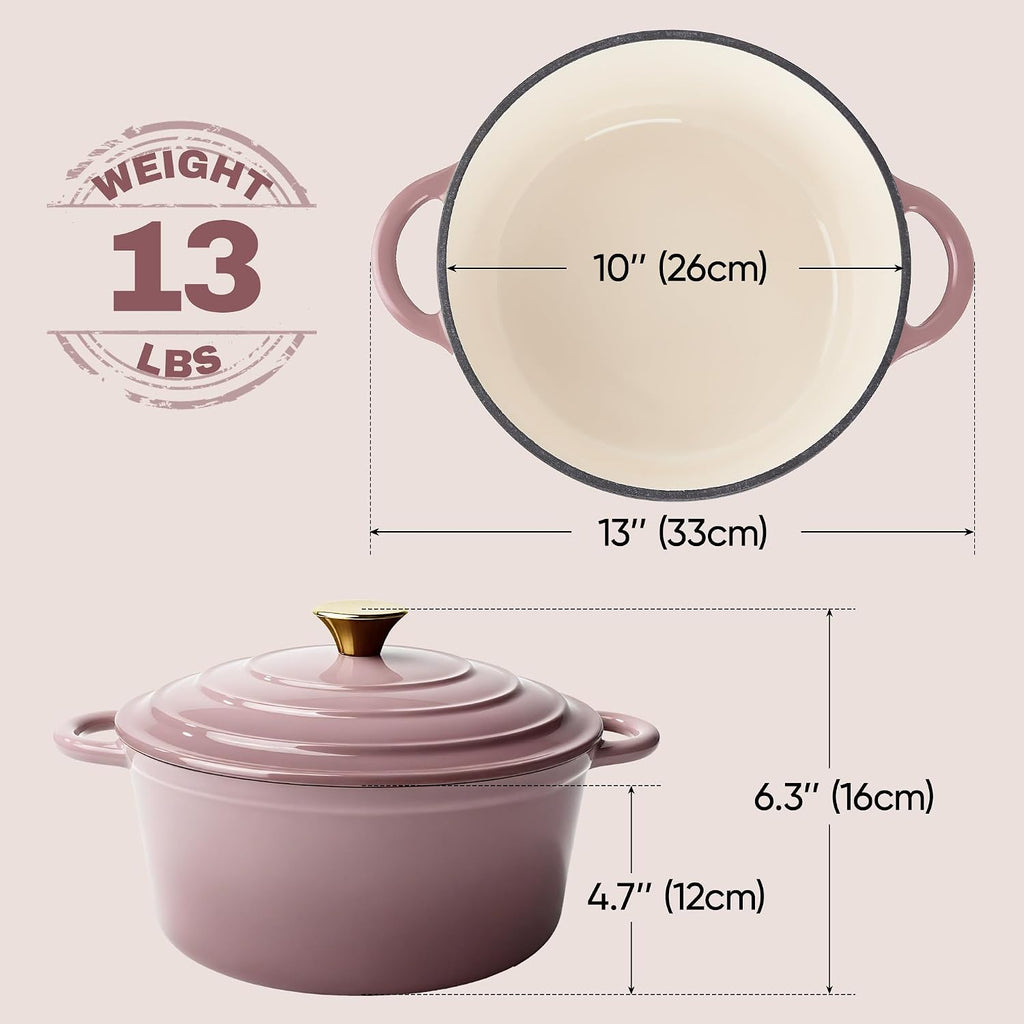 Vintage Style 6 Quart Dutch Oven Pot with Lid, Non Stick Enameled Cast Iron Dutch Oven for Bread Baking, Heavy-Duty, Oven Safe Ceramic Cookware Up to 500°F for Baking, Braising, Stews, Roasting, Pink