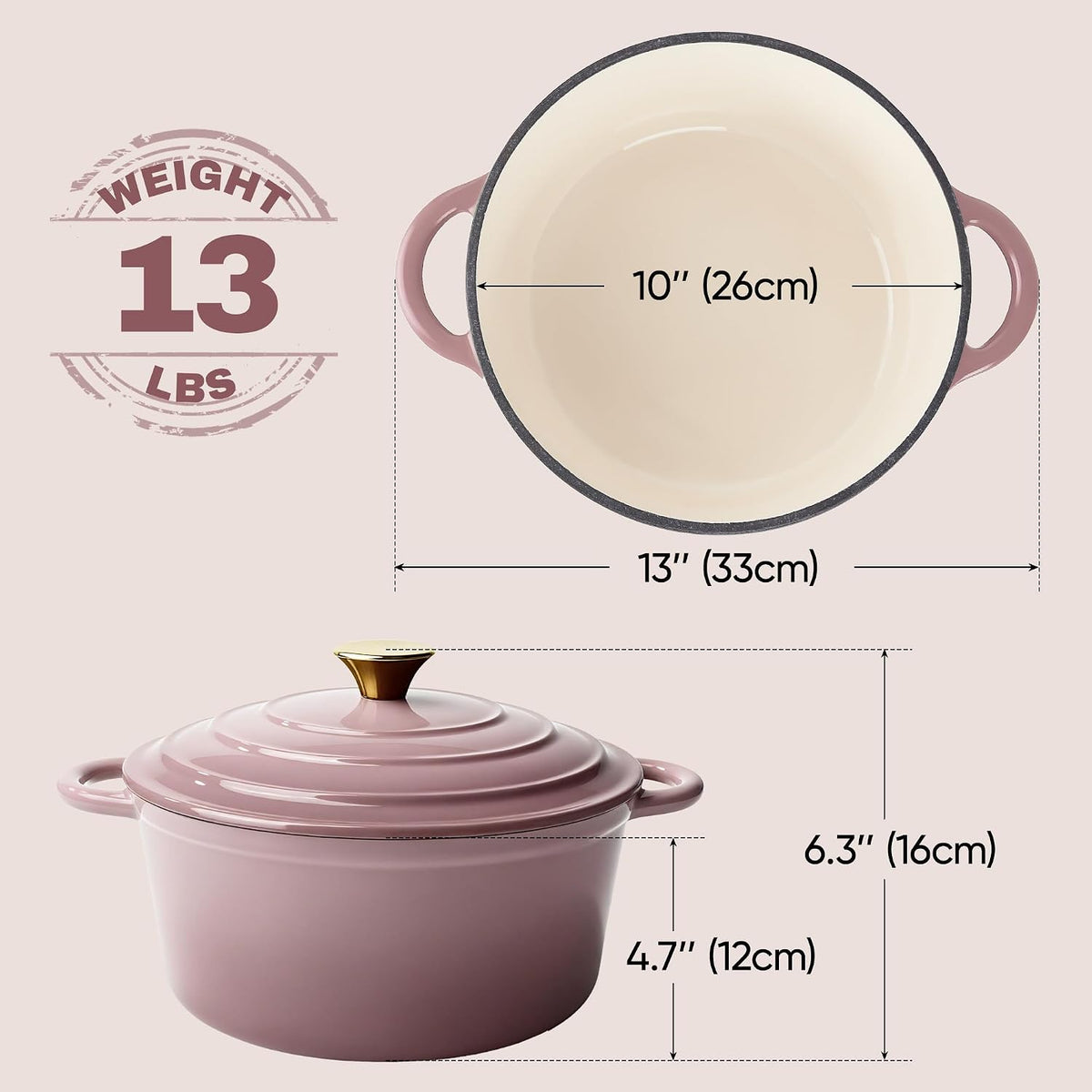 Vintage Style 6 Quart Dutch Oven Pot with Lid, Non Stick Enameled Cast Iron Dutch Oven for Bread Baking, Heavy-Duty, Oven Safe Ceramic Cookware Up to 500°F for Baking, Braising, Stews, Roasting, Pink