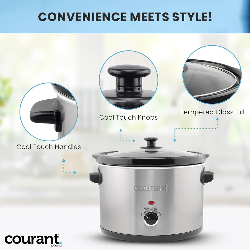 Courant Slow Cooker 5.5 Quart Crock, with Easy Cooking Options, Dishwasher Safe Pot and Glass Lid, Stainless Steel