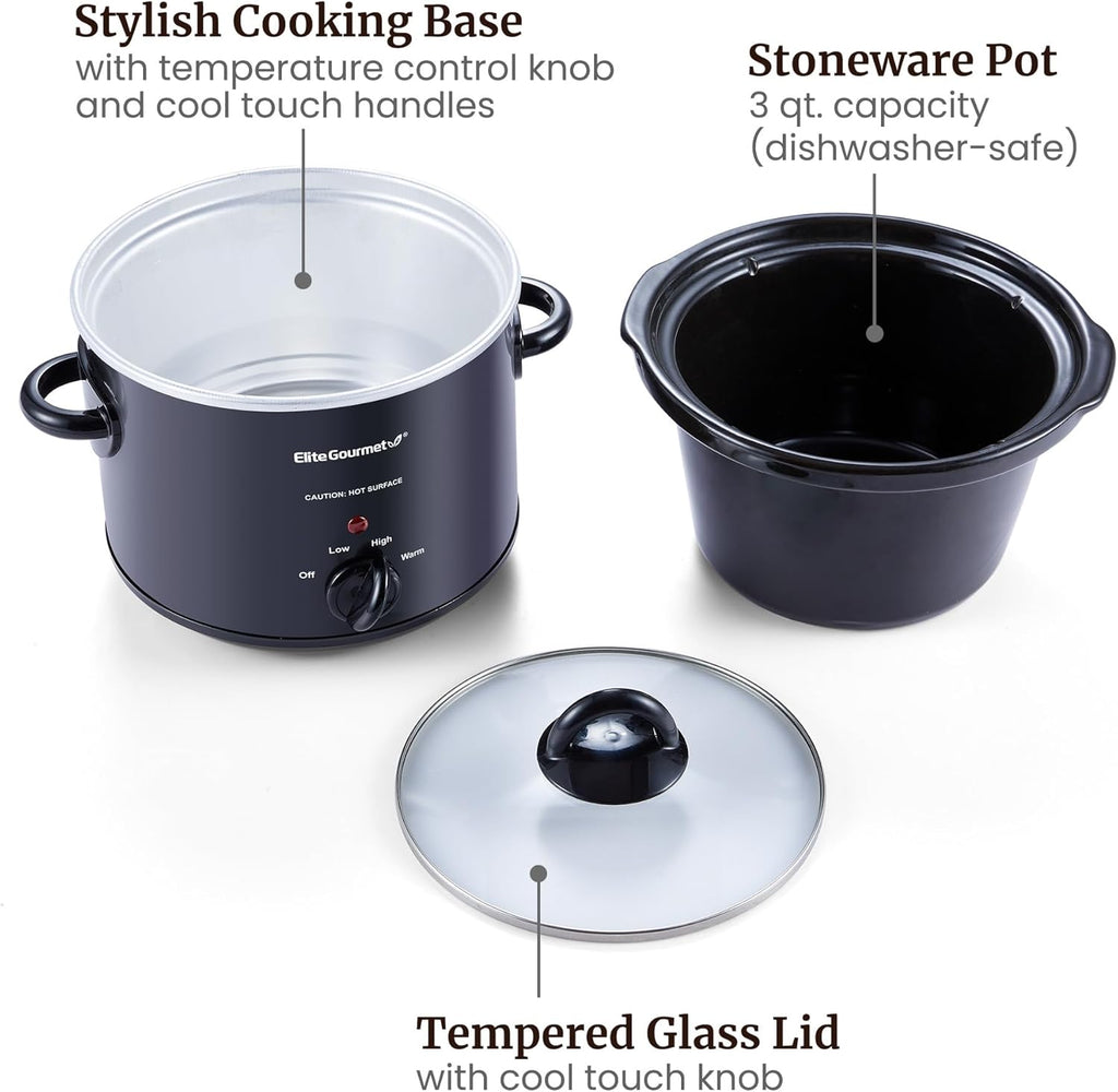 Elite Gourmet MST-350B Electric Slow Cooker, Adjustable Temp, Entrees, Sauces, Stews & Dips, Dishwasher Safe Glass Lid & Crock (3 Quart, Black)