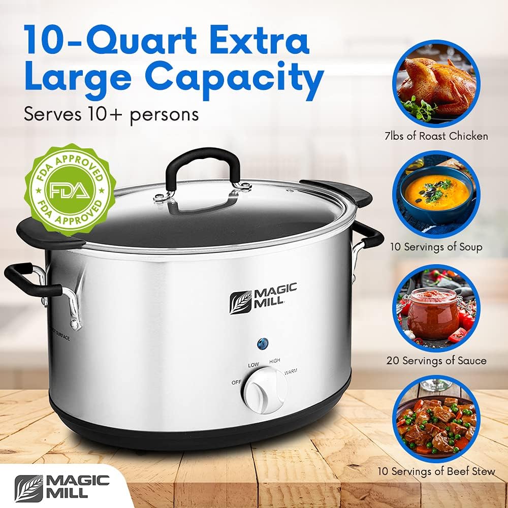 Magic Mill Extra Large 10 Quart Slow Cooker With Metal Searing Pot & Transparent Tempered Glass Lid