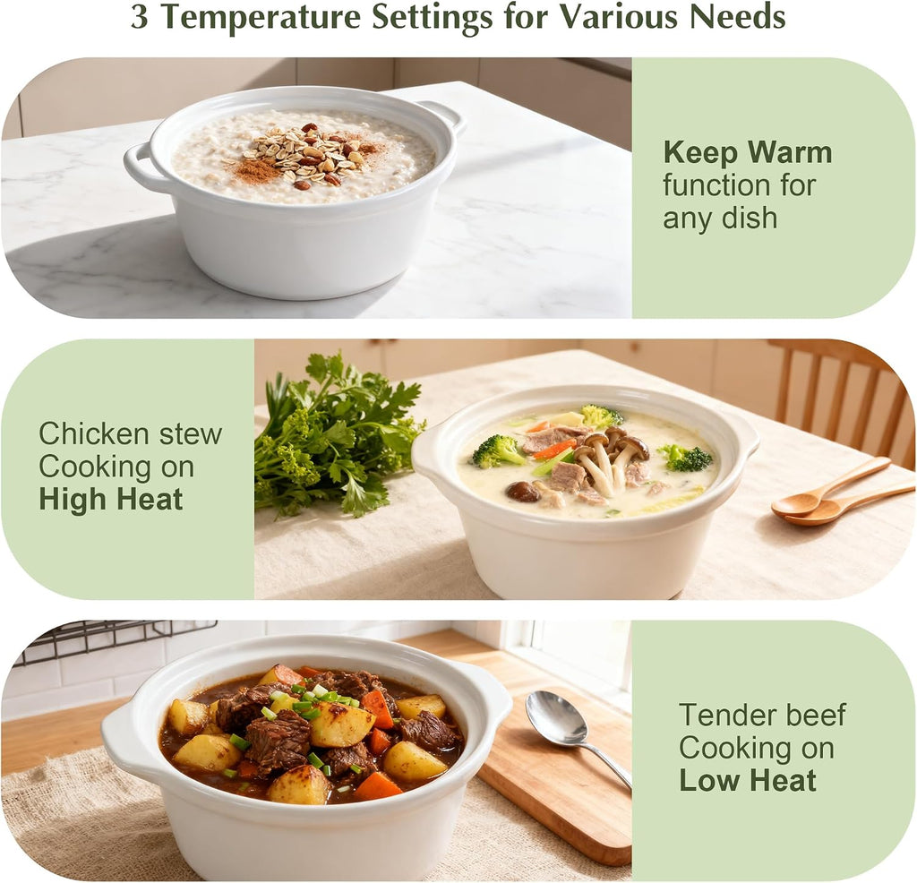 3.5 Quart Slow Cooker with 3 Heat Settings, Non-Stick and Dishwasher Safe, Removable Ceramic Pot Tempered Glass Lid, Cool Touch Handles for Entrees, Soups, Stews, Ivory White