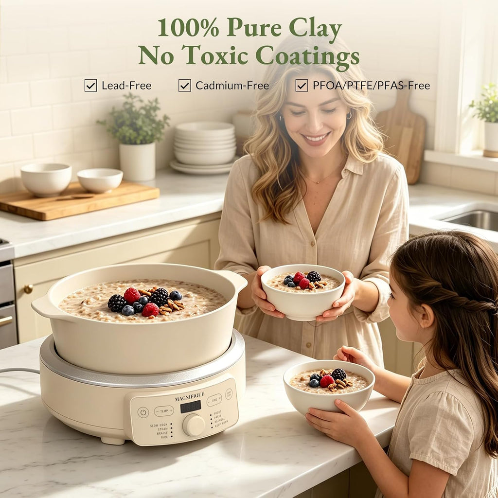 MAGNIFIQUE Slow Cooker, 4.5 Quart 8-in-1 Clay Pot Multi-Cooker, Non-Toxic Slow Cooker for Rice, Pasta, Steam & Proof, Nonstick, Oven Safe Pot to 500°F, Oatmeal