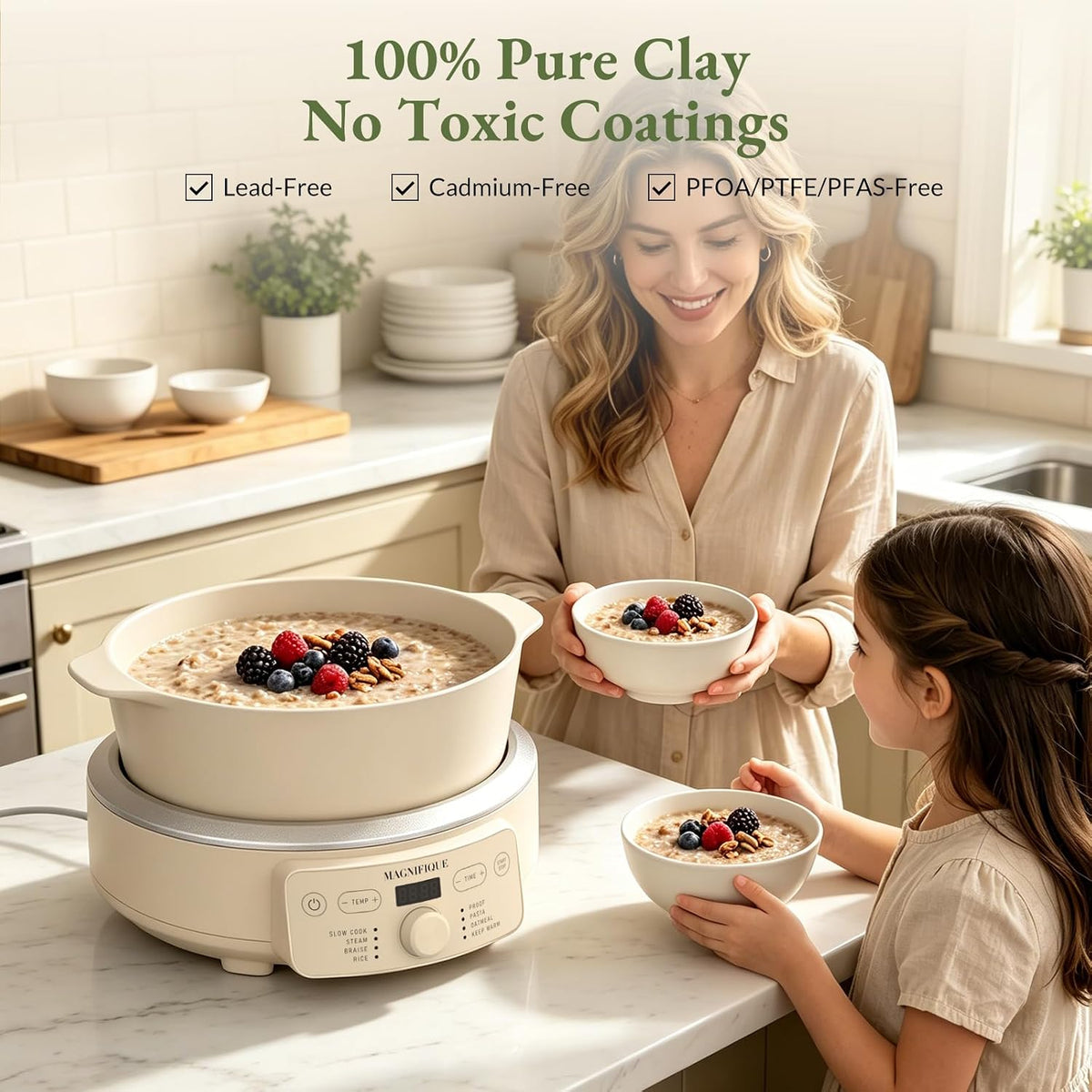 MAGNIFIQUE Slow Cooker, 4.5 Quart 8-in-1 Clay Pot Multi-Cooker, Non-Toxic Slow Cooker for Rice, Pasta, Steam & Proof, Nonstick, Oven Safe Pot to 500°F, Oatmeal