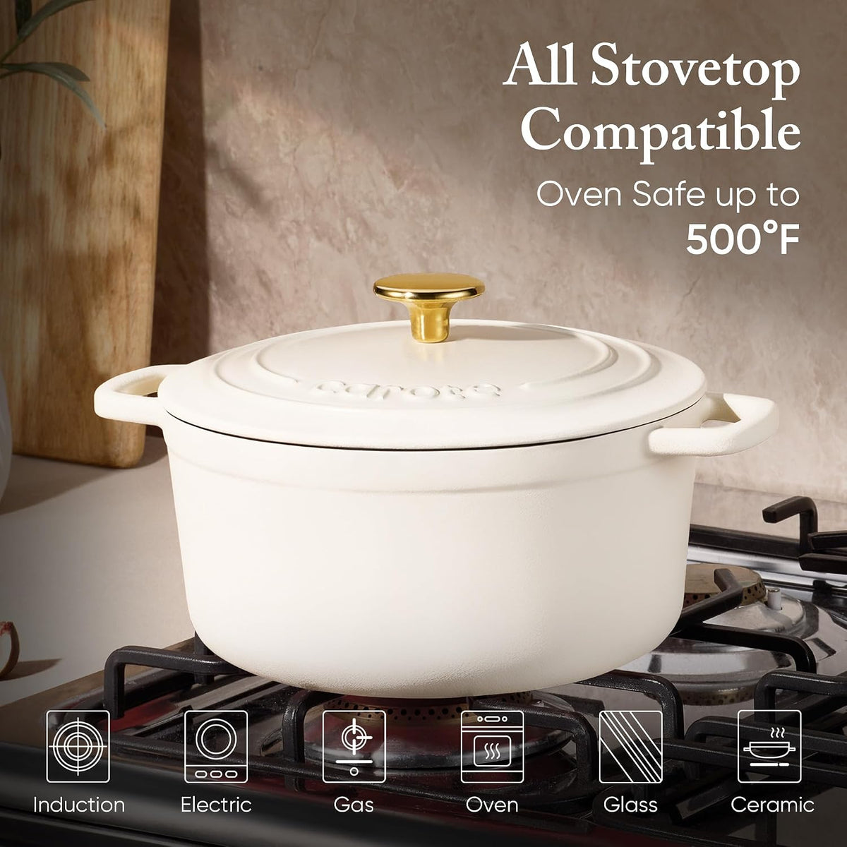 CAROTE Enameled Cast Iron Dutch Oven Pot with Lid, 4 QT Dutch Ovens, Heavy-Duty Cast Iron Pot for Sourdough Bread Baking, Braising, Stews, Roasting, Healthy & Non-Toxic, Dual Handles, All Stovetop Compatible, Oven Safe up to 500° F, Cream White