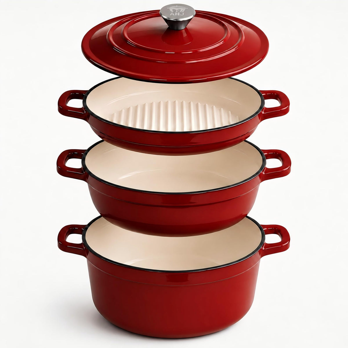 AHJ Enameled Cast Iron Dutch Oven Set - 4 Piece Cookware Set with Lids