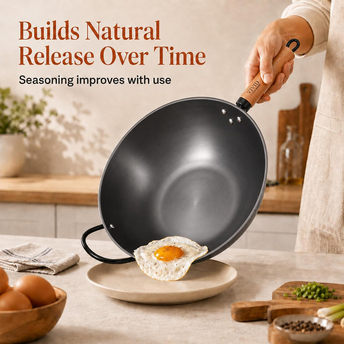 12.6 Inch Carbon Steel Wok with Lid, Flat Bottom Induction Wok Pan, Non-Coated Stir Fry Wok Skillet with Helper Handle, Gas Electric Ceramic Halogen Compatible, Includes Iron Wok Spatula