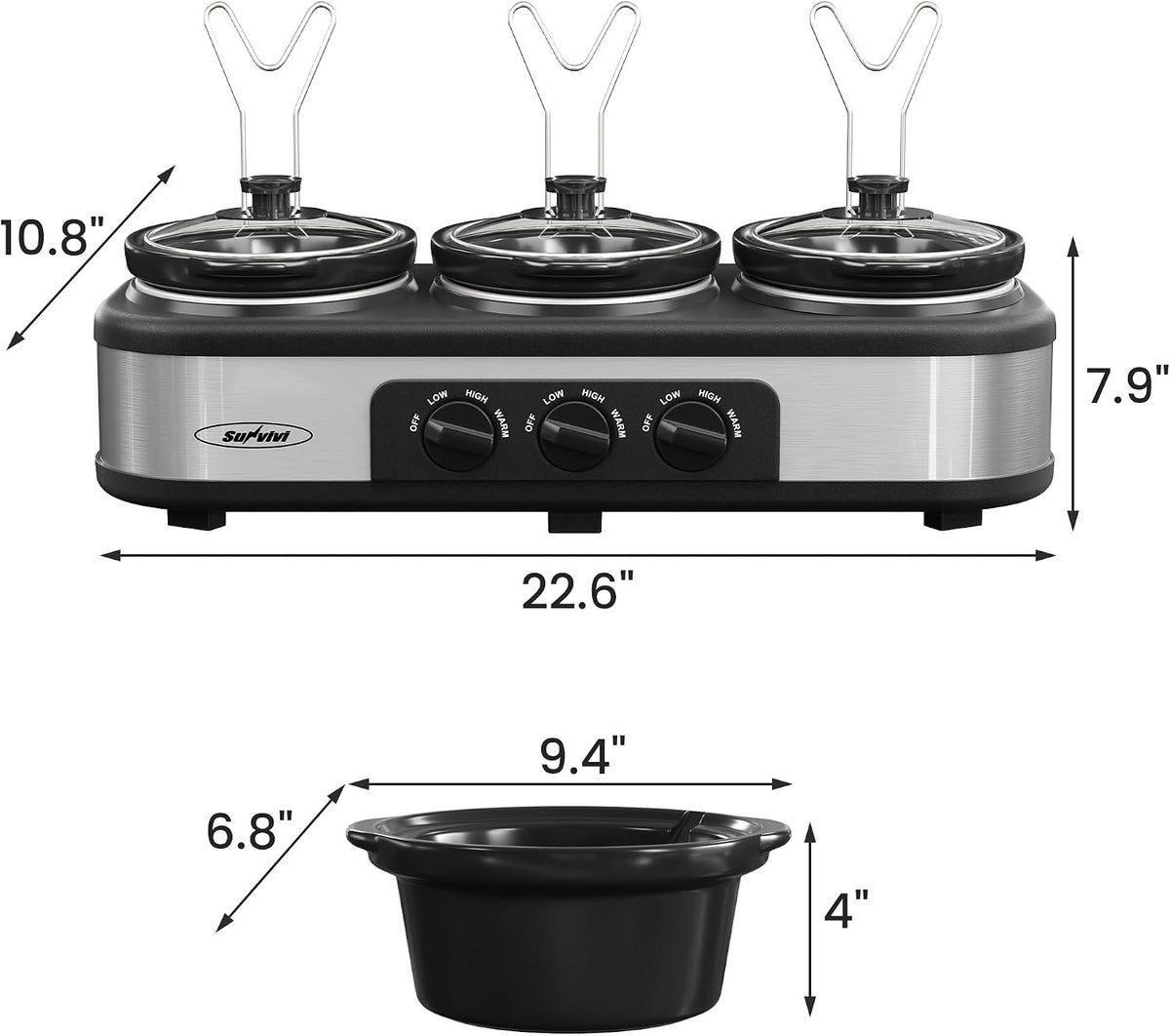 Sunvivi Slow Cooker, Triple Slow Cooker Buffet Server and Food Warmer, 3-Section 1.5-Quart Upgraded Oval Ceramic Pot with Stainless Steel Lid Rests, 3 Spoons, Total 4.5 QT