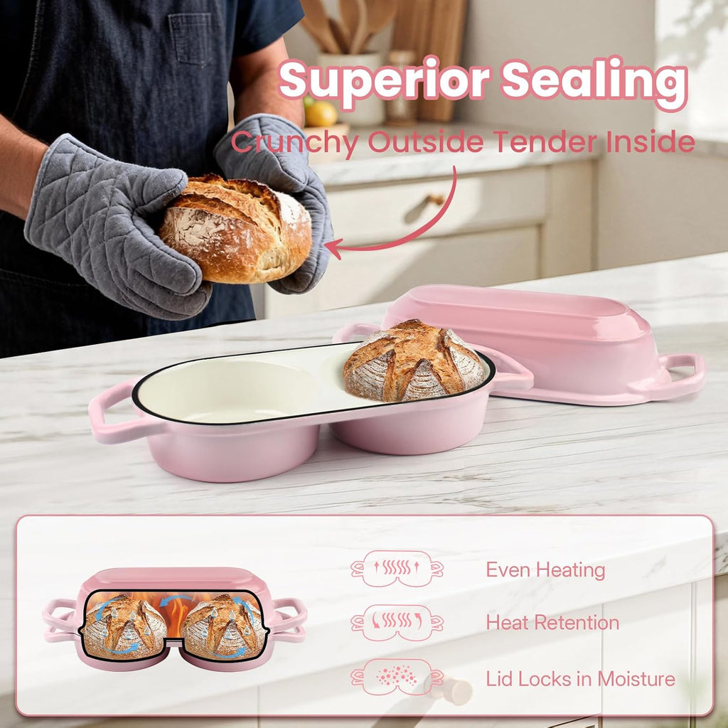 YONILL Mini Double Dutch Oven with Lid for Sourdough Bread Baking (Pink)