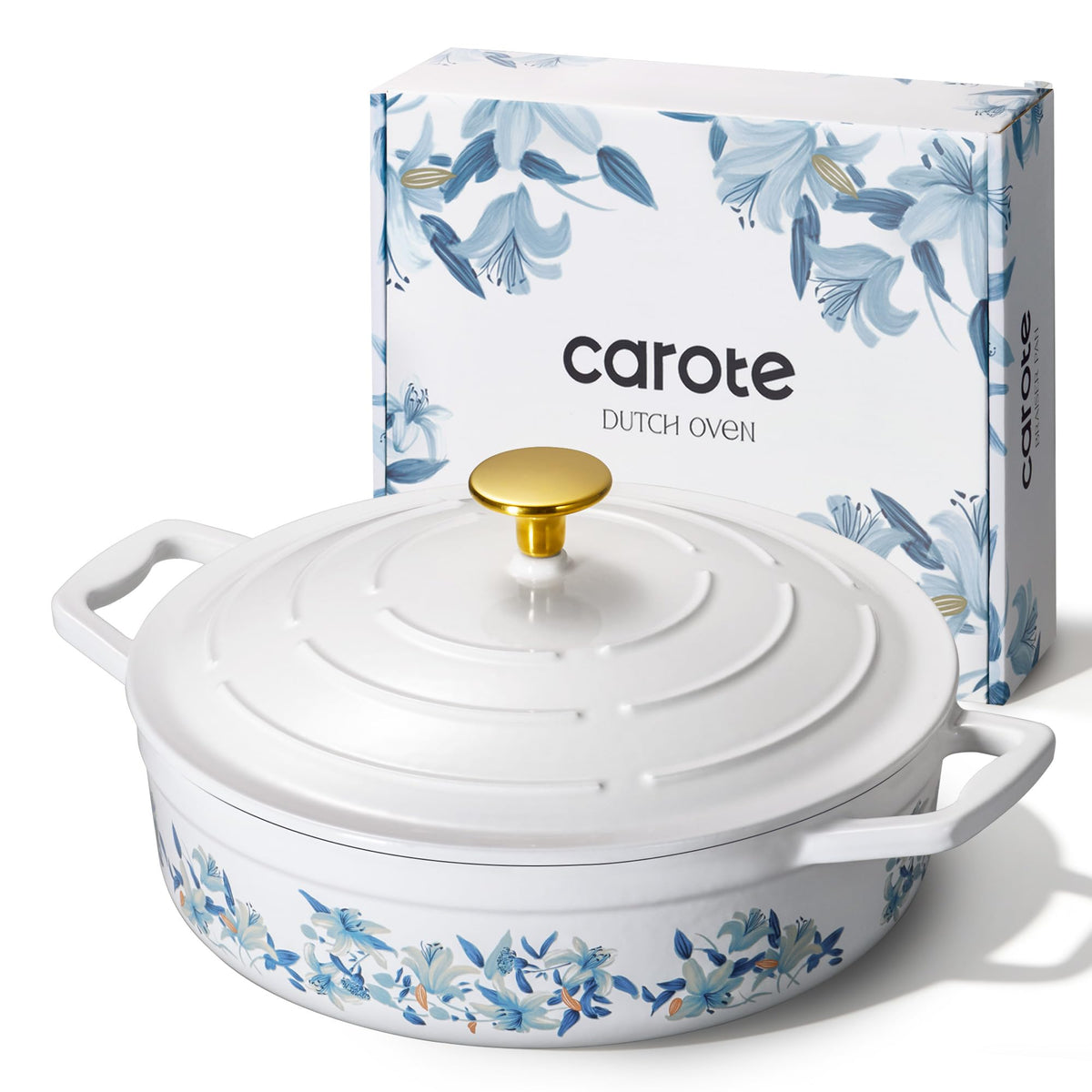 CAROTE 5QT Enameled Floral Cast Iron Dutch Oven Pot with Lid