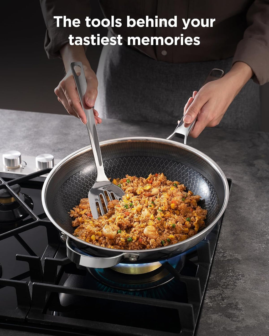 Wok pan with Lid, Hybrid Ceramic 13 Inch Tri-Ply Stainless Steel Woks