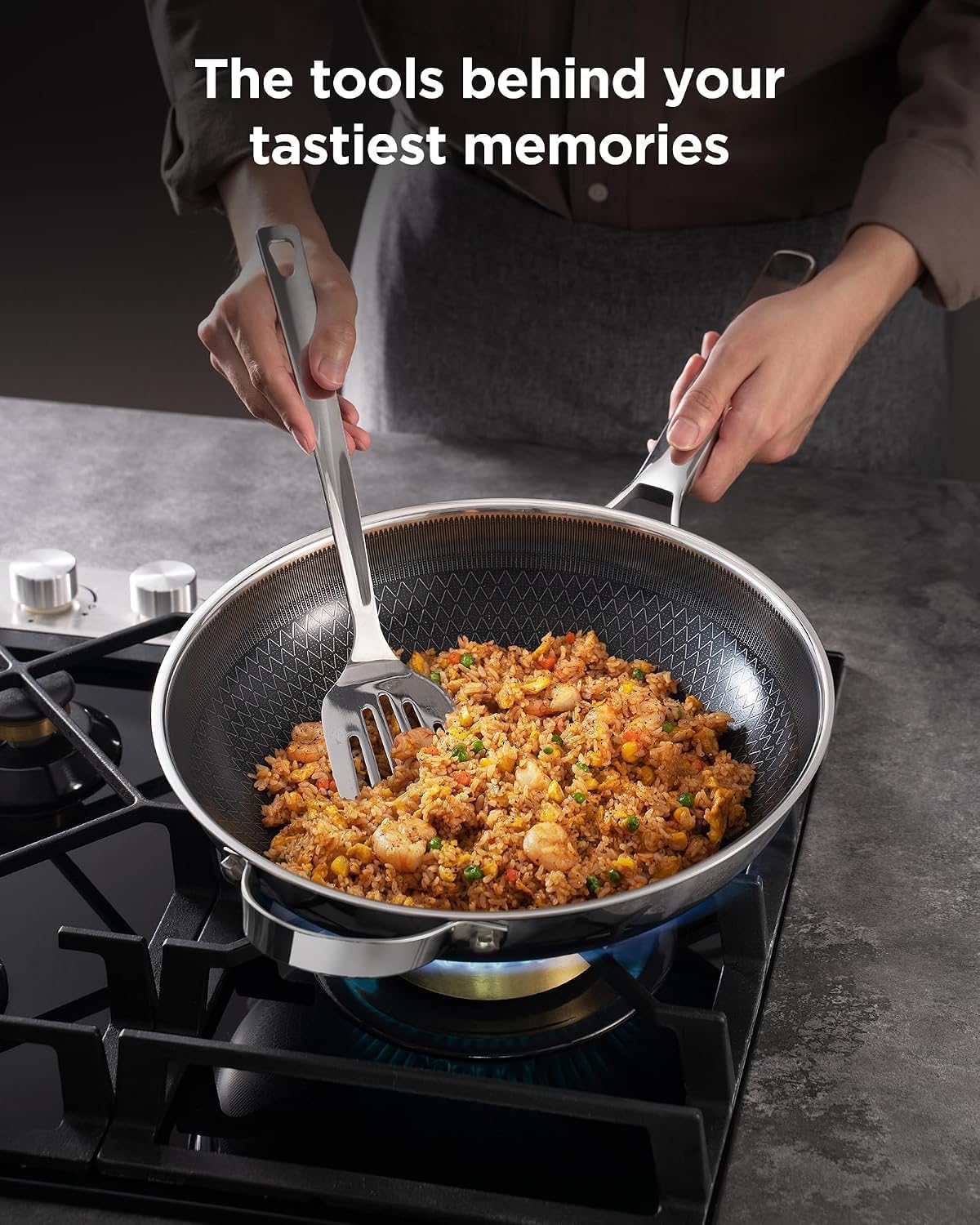 Wok pan with Lid, Hybrid Ceramic 13 Inch Tri-Ply Stainless Steel Woks