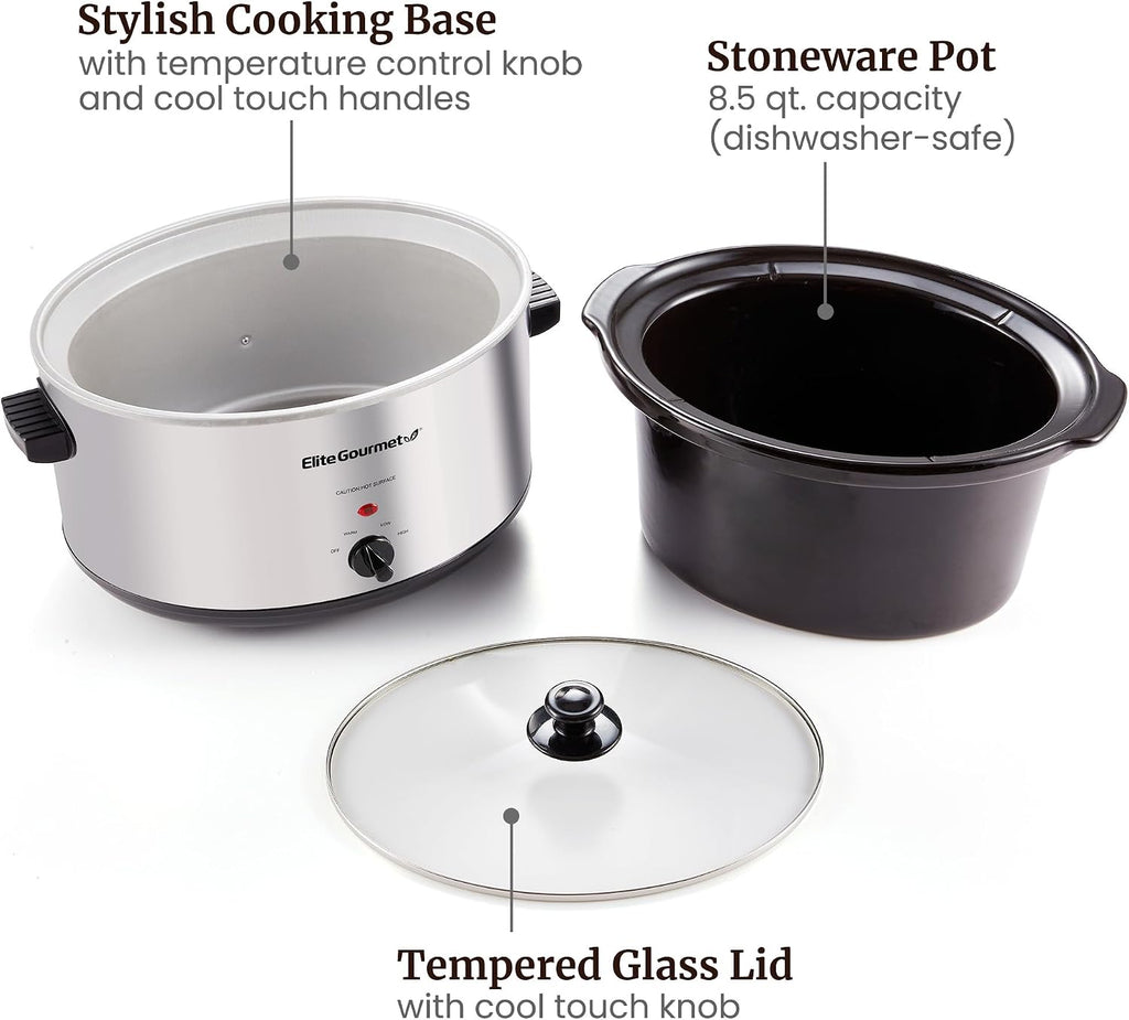 Elite Gourmet Stainless Steel Slow Cooker, Dishwasher-Safe with Tempered Glass Lid, Cool-Touch Handles, Removable Stoneware Pot, 8.5 Quart,MST-900V