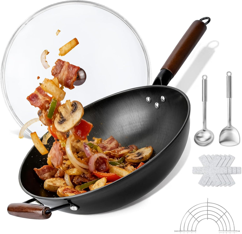 Carbon Steel Wok - 13" Woks & Stir-Fry Pans Nonstick, Wok with Lid, Fast Heat Conduction, Uniform Heat Conduction Flat Bottom Woks, Professional Chef Cookware