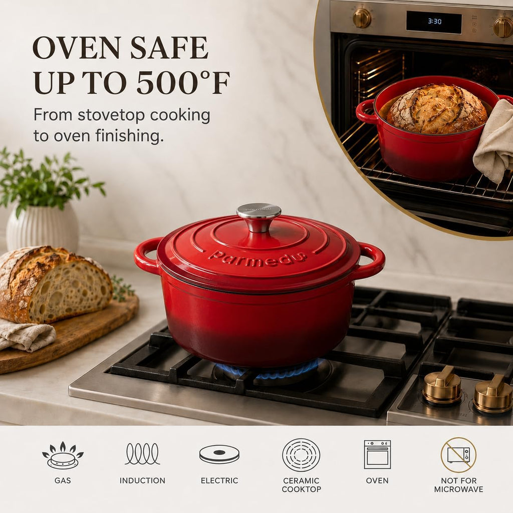 Parmedu 5.5QT Enameled Cast Iron Dutch Oven for Sourdough Bread Red