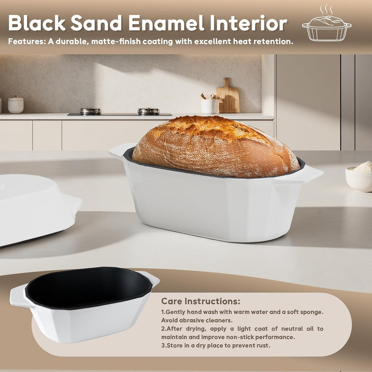 Enameled Cast Iron Dutch Oven for Bread Baking – 3QT Oval Round Heavy Duty Bread Pan with Lid, Non-Stick Ceramic Coating,Loaf Cast Iron Bread Oven for Sourdough, Baking, Roasting, Braising, Stovetop & Oven Safe
