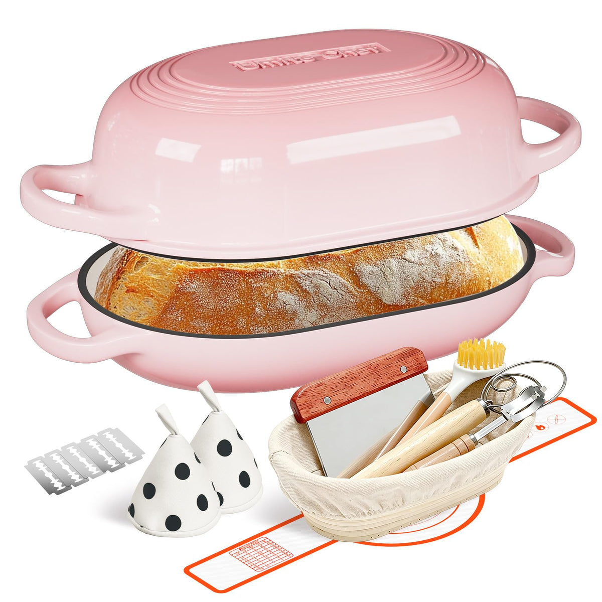 Enameled Cast Iron Dutch Oven for Bread Baking - incl. Sourdough Bread-Baking Supplies like Banneton Bread-Proofing Basket - 5QT Loaf Cast Iron Bread Oven Pan& Meatloaf Pan with Lid, Sour Sough Tools, Lame (Cream White）