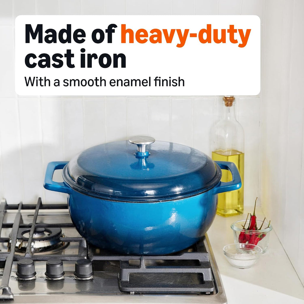 Amazon Basics Enameled Cast Iron Dutch Oven Pot With Lid, 6-Quart, Round, Dual Handles, Heavy-Duty, Oven Safe for Stews, Roasting & Baking, Blue
