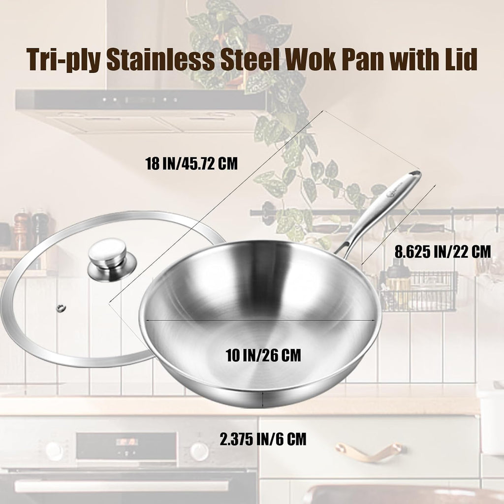 LOLYKITCH 10-Inch Stainless Steel Wok with Glass Lid | Riveted Handle
