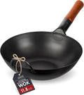 YOSUKATA 11.8" Pre-Seasoned Flat Bottom Black Carbon Steel Wok for Stir Fry