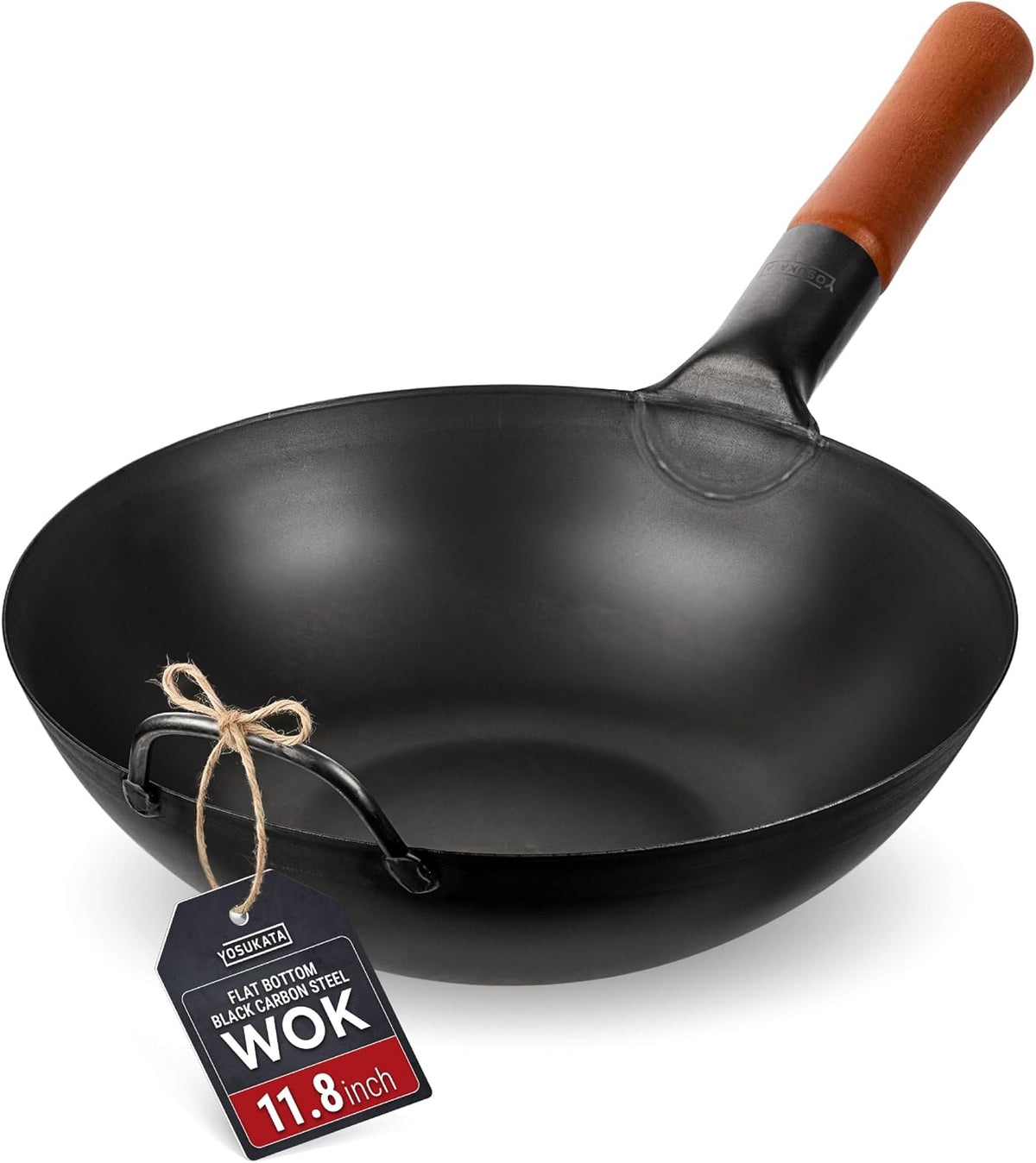 YOSUKATA 11.8" Pre-Seasoned Flat Bottom Black Carbon Steel Wok for Stir Fry