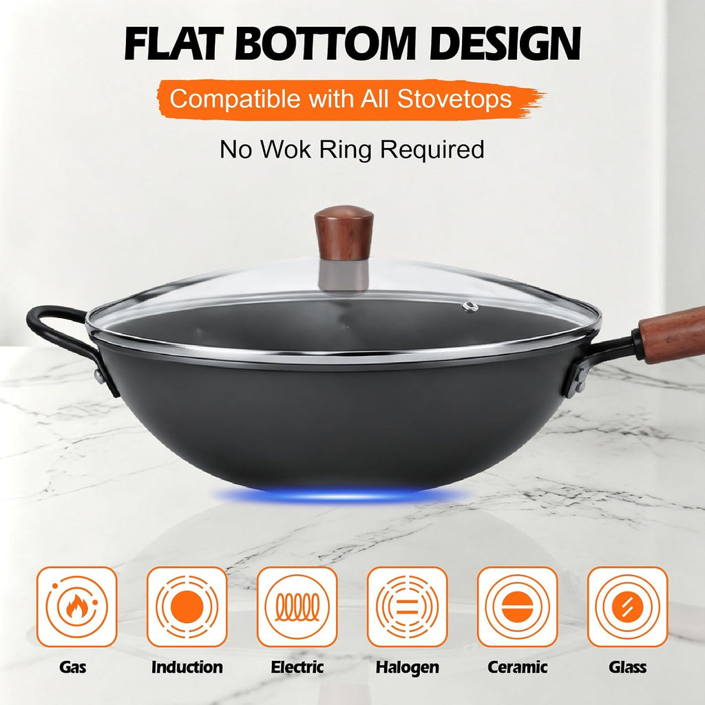 13" Carbon Steel Wok Pan & Glass Lid,Pre-Seasoned Flat Bottom Nitrided Wok