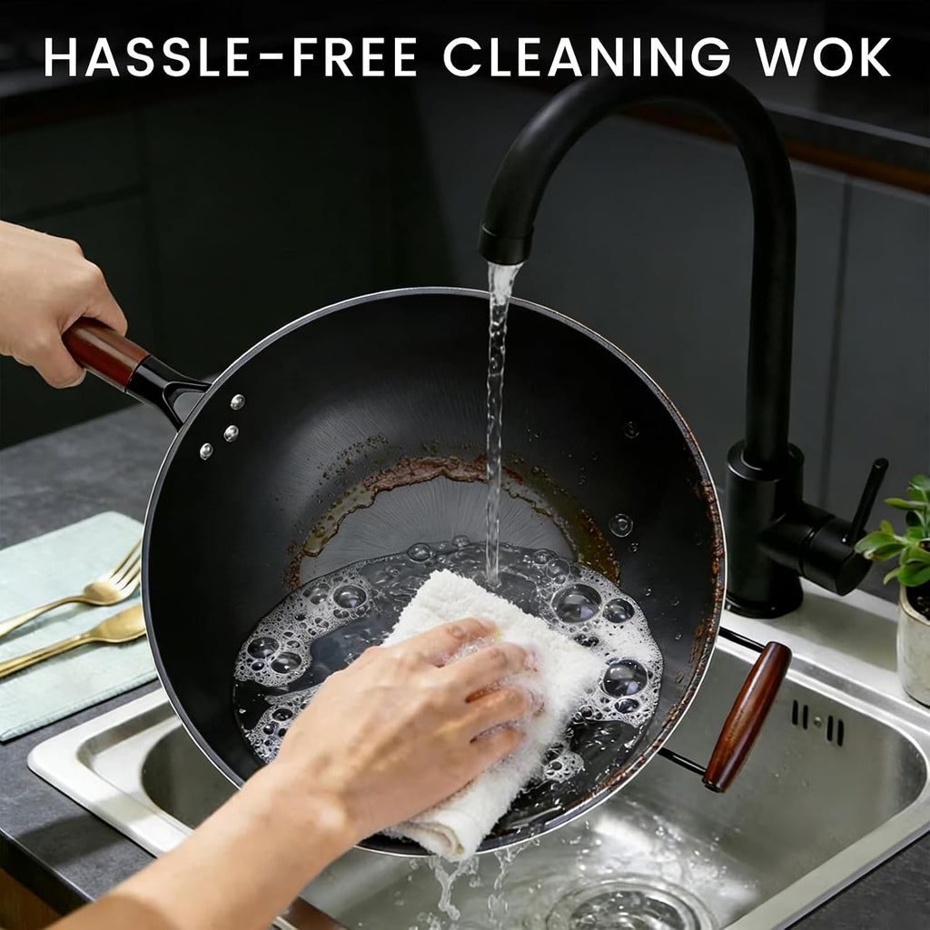 Carbon Steel Wok - 13" Woks & Stir-Fry Pans Nonstick, Wok with Lid, Fast Heat Conduction, Uniform Heat Conduction Flat Bottom Woks, Professional Chef Cookware