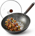 13 Inch Carbon Steel Wok with Lid, Large Flat Bottom Woks & Stir-Fry Pan