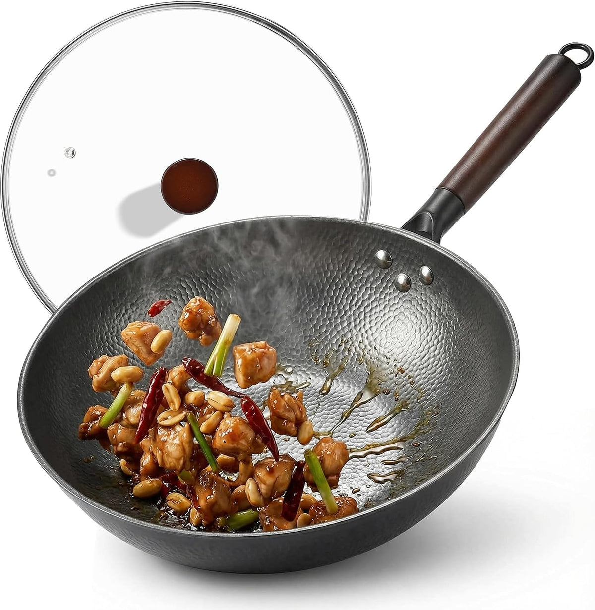 13 Inch Carbon Steel Wok with Lid, Large Flat Bottom Woks & Stir-Fry Pan