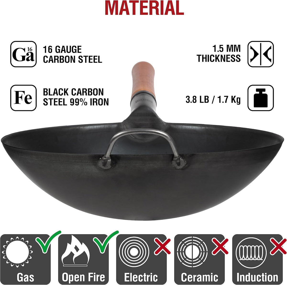 YOSUKATA 14" Black Carbon Steel Wok with Round Bottom