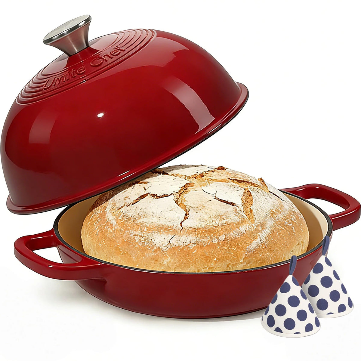Cast Iron Dutch Oven Pot with Lid, Round Bread Oven for Sourdough Bread Baking, Umite Chef Enameled Cast Iron Bread Oven with Dome Lid & Cotton Potholders for Sourdough, Pink, 6 Quarts