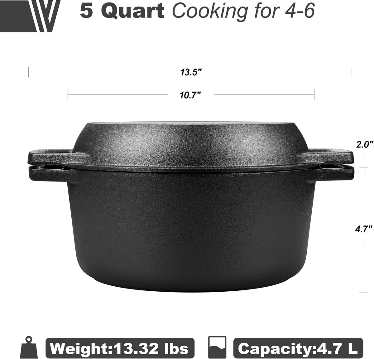 VORRINGARD Pre-seasoned Cast Iron Double Dutch Oven Pot with Skillet Lid, Dual-handle, for Bread Baking, Outdoor, Campfire Cooking, 5 Quart