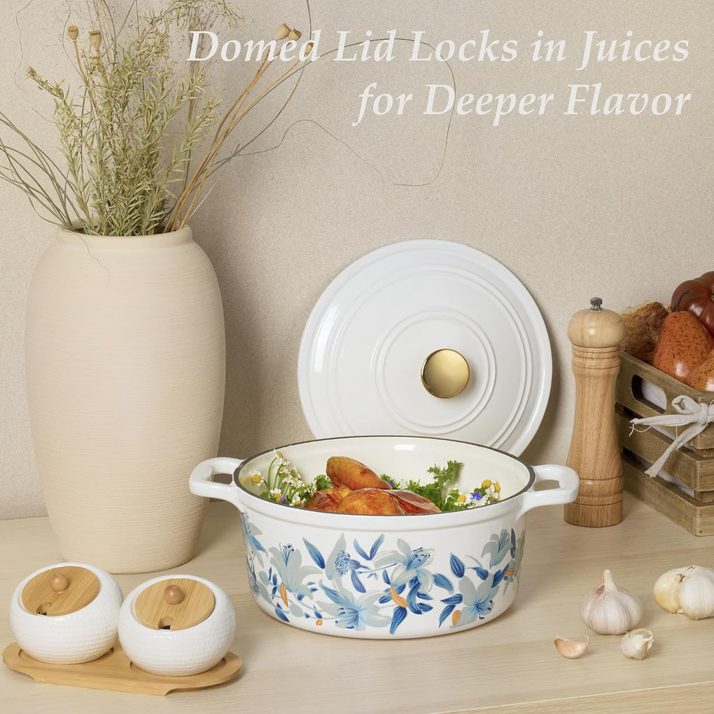 CAROTE 5QT Enameled Floral Cast Iron Dutch Oven Pot with Lid