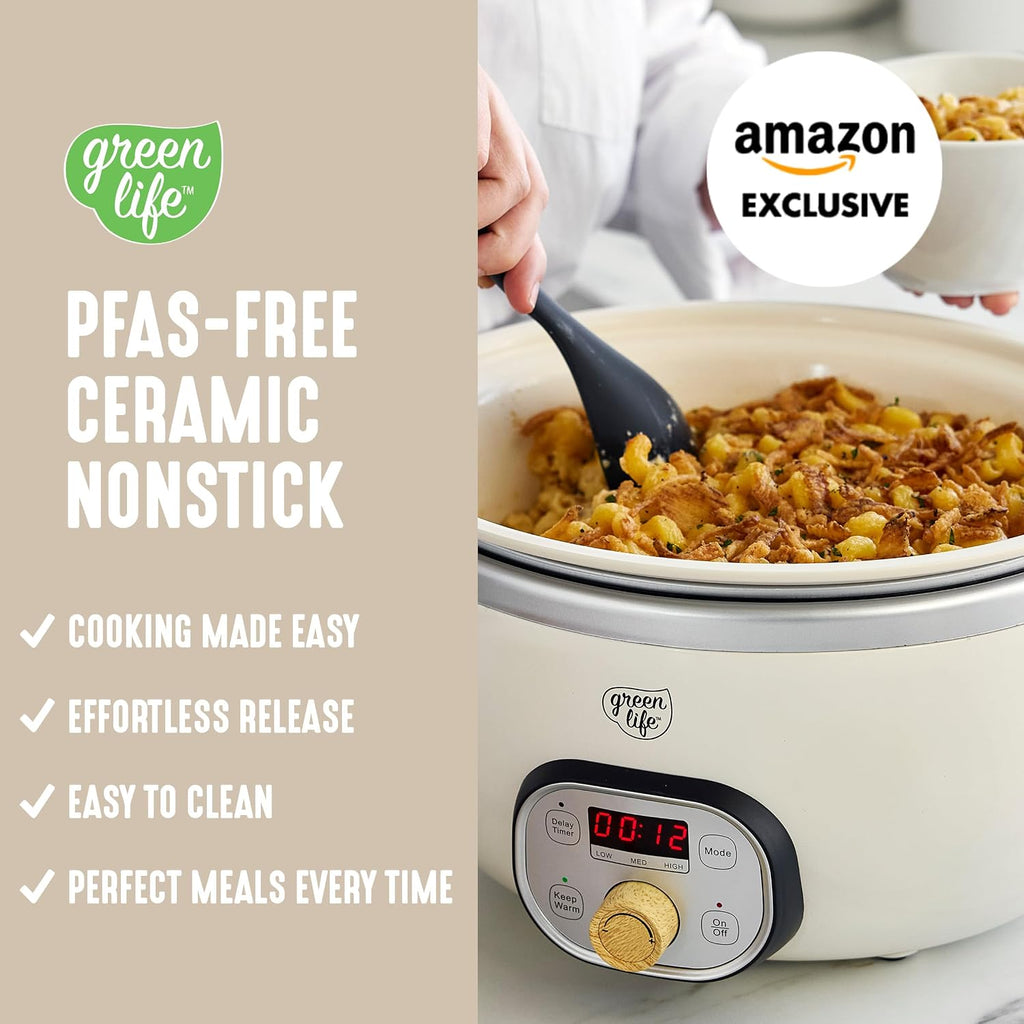 GreenLife 8QT Ceramic Nonstick Slow Cooker, Cooktop/Oven Safe, Cream