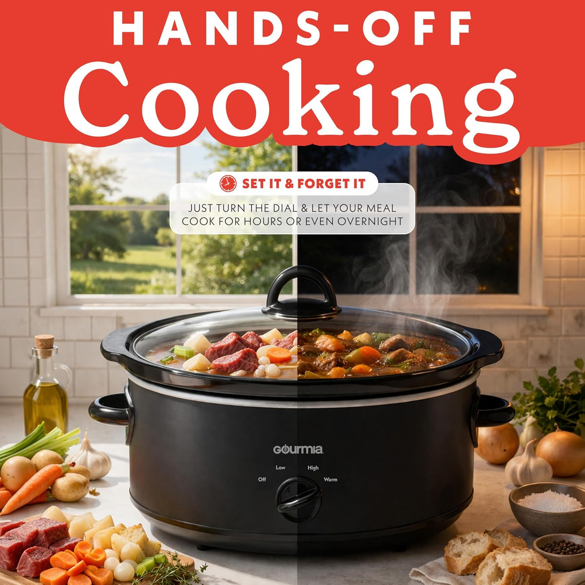 Gourmia Slow Cooker – 6 Quart, Manual Controls, Removable Stoneware, Black