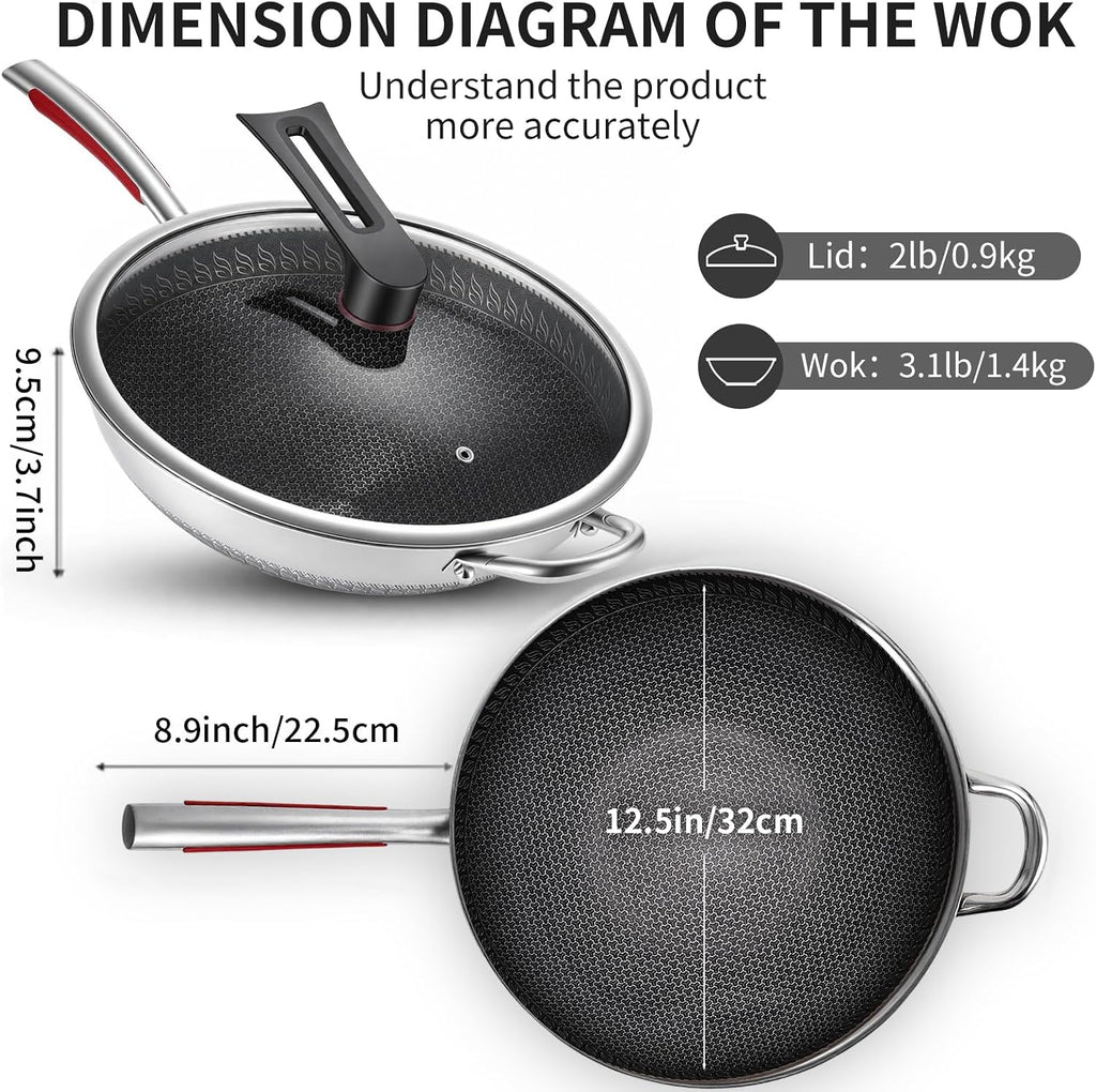14-Inch Stainless Steel Wok Pan with Glass Lid, Tri-Ply Nonstick Wok
