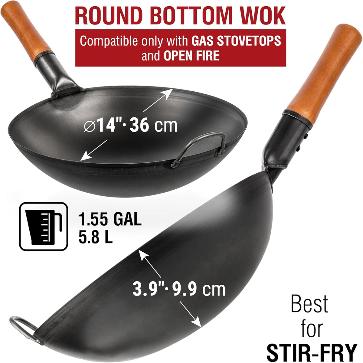 YOSUKATA 14" Black Carbon Steel Wok with Round Bottom