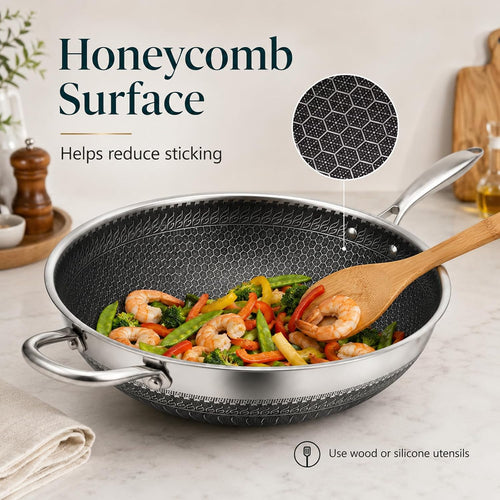 12.6 Inch Stainless Steel Honeycomb Wok Pan with Standing Glass Lid, Flat Bottom Stir Fry Pan for Induction, Gas & Electric Stoves, Physical Stick-Resistant Surface, Dishwasher Safe