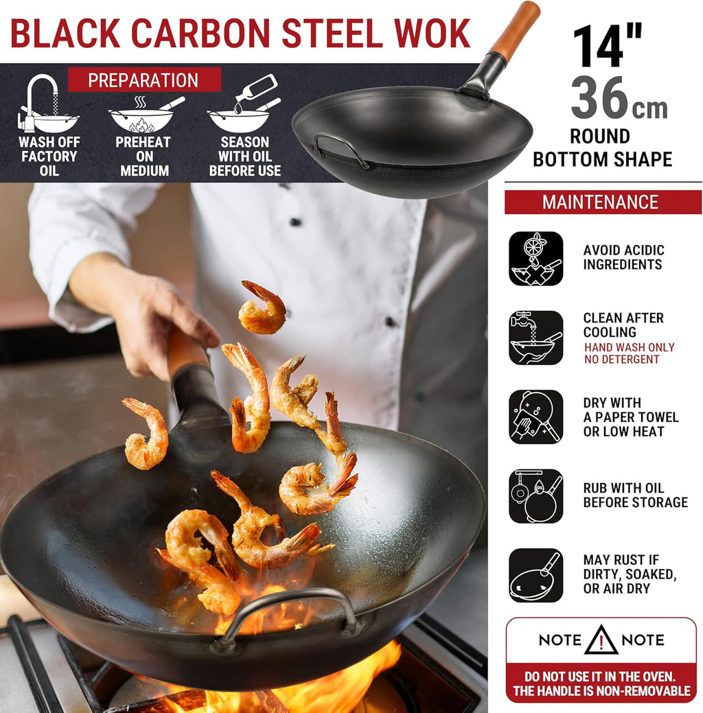 YOSUKATA 14" Black Carbon Steel Wok with Round Bottom