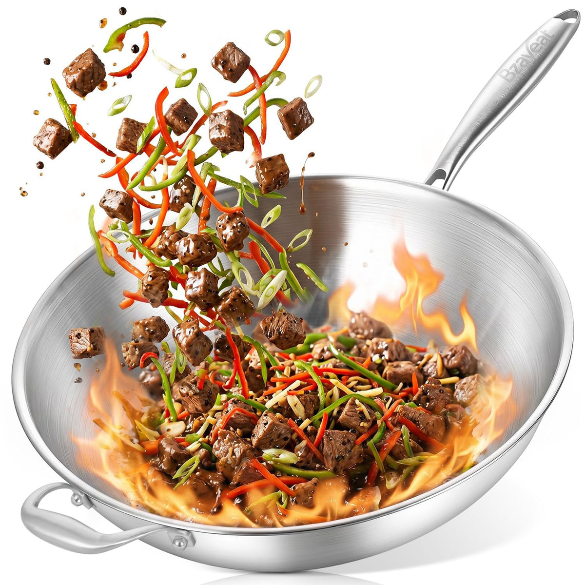 12 Inch Tri-Ply Stainless Steel Wok Pan, Uncoated Wok for Stir Fry