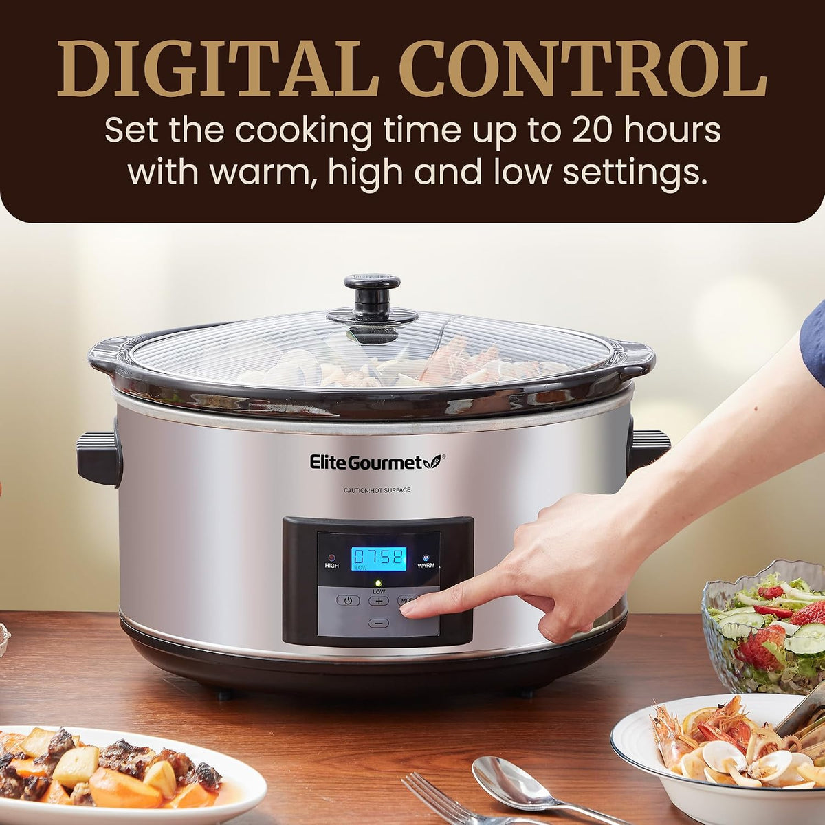 Elite Gourmet MST-900D Digital Slow Cooker, 8.5 Qt, Stainless Steel