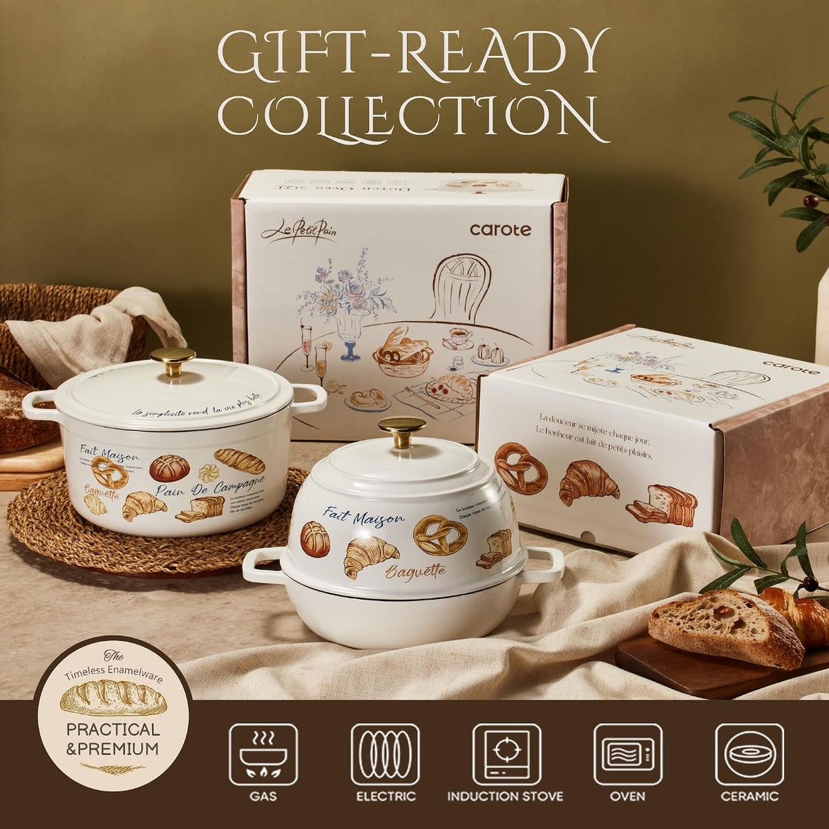 CAROTE Enameled Cast Iron Dutch Oven, 5QT Pot with Lid & Gift Box