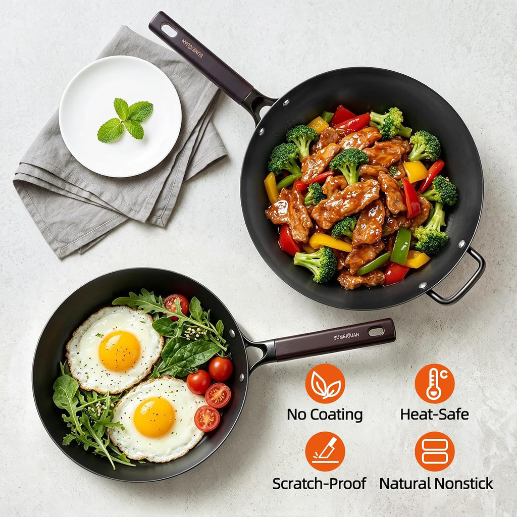 2-Pack Carbon Steel Wok Pan & Frying Pan Set, Induction Ready