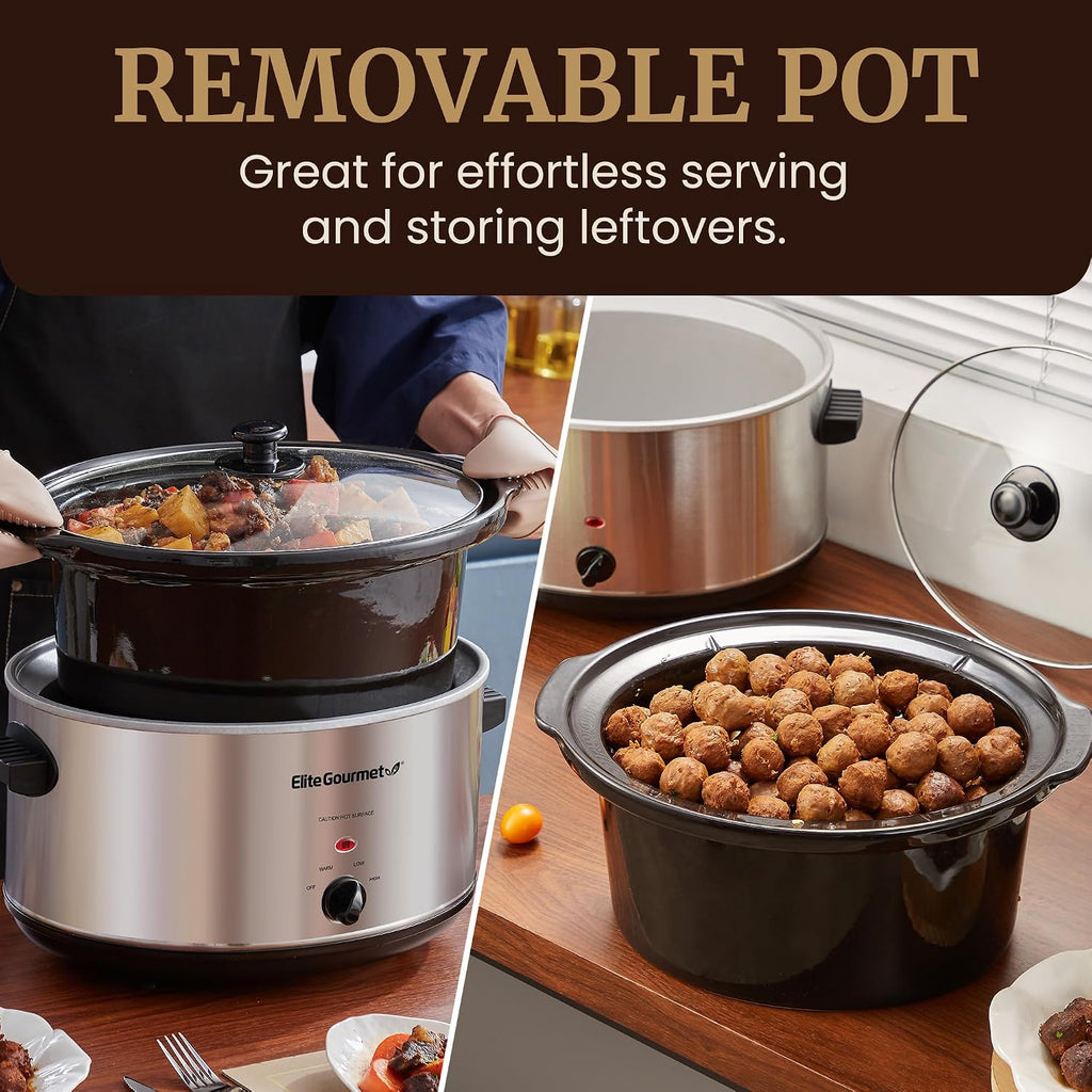 Elite Gourmet Stainless Steel Slow Cooker, Dishwasher-Safe with Tempered Glass Lid, Cool-Touch Handles, Removable Stoneware Pot, 8.5 Quart,MST-900V